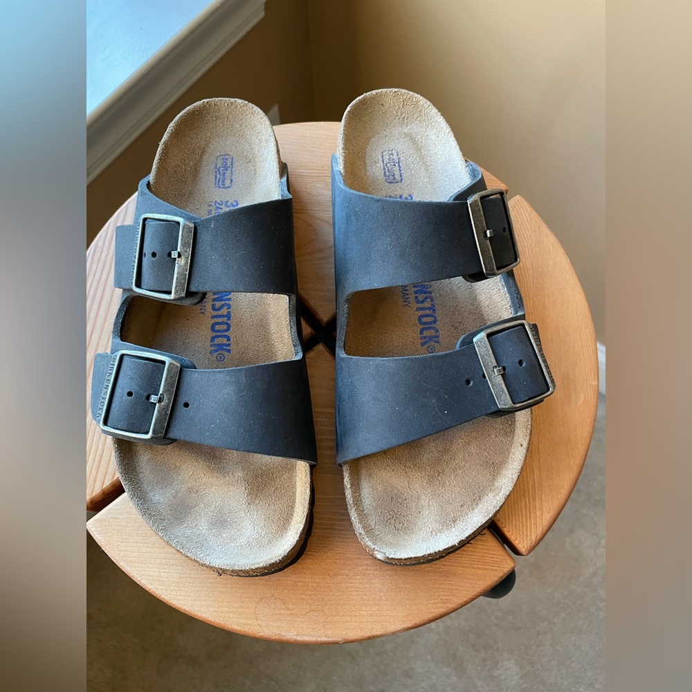 Arizona Birkenstock Soft Footbed Black Oiled Leather Slide Size 37